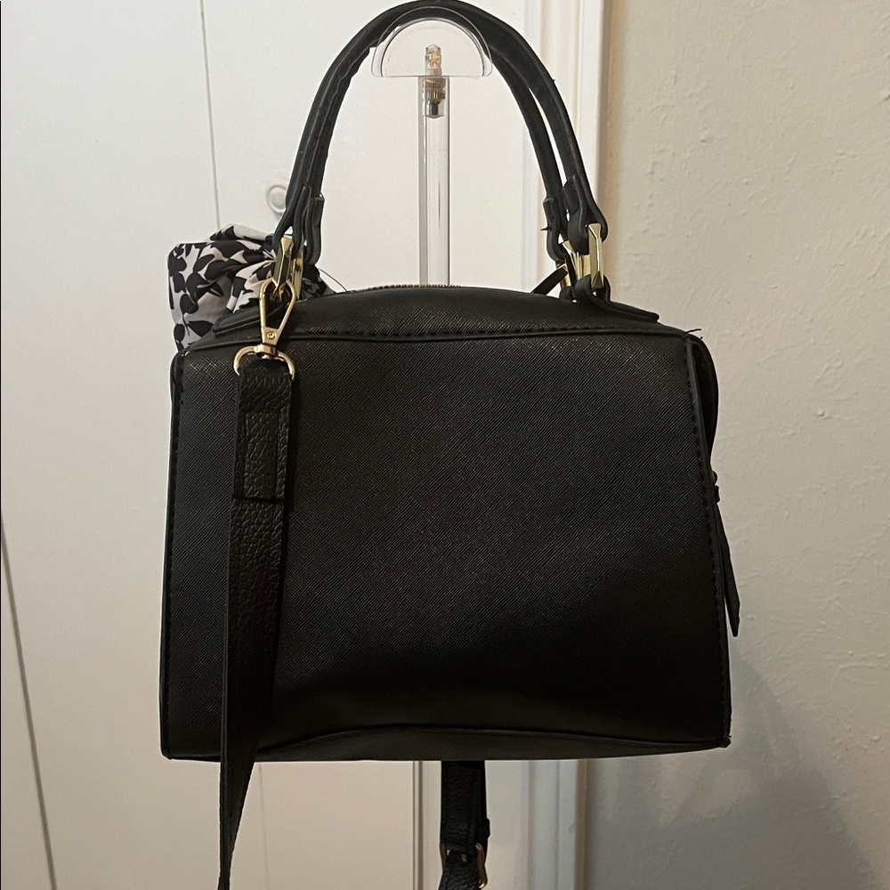 Steve Madden Black Satchel with Floral Scarf Accent Shoulder Bag - Picture 4 of 12